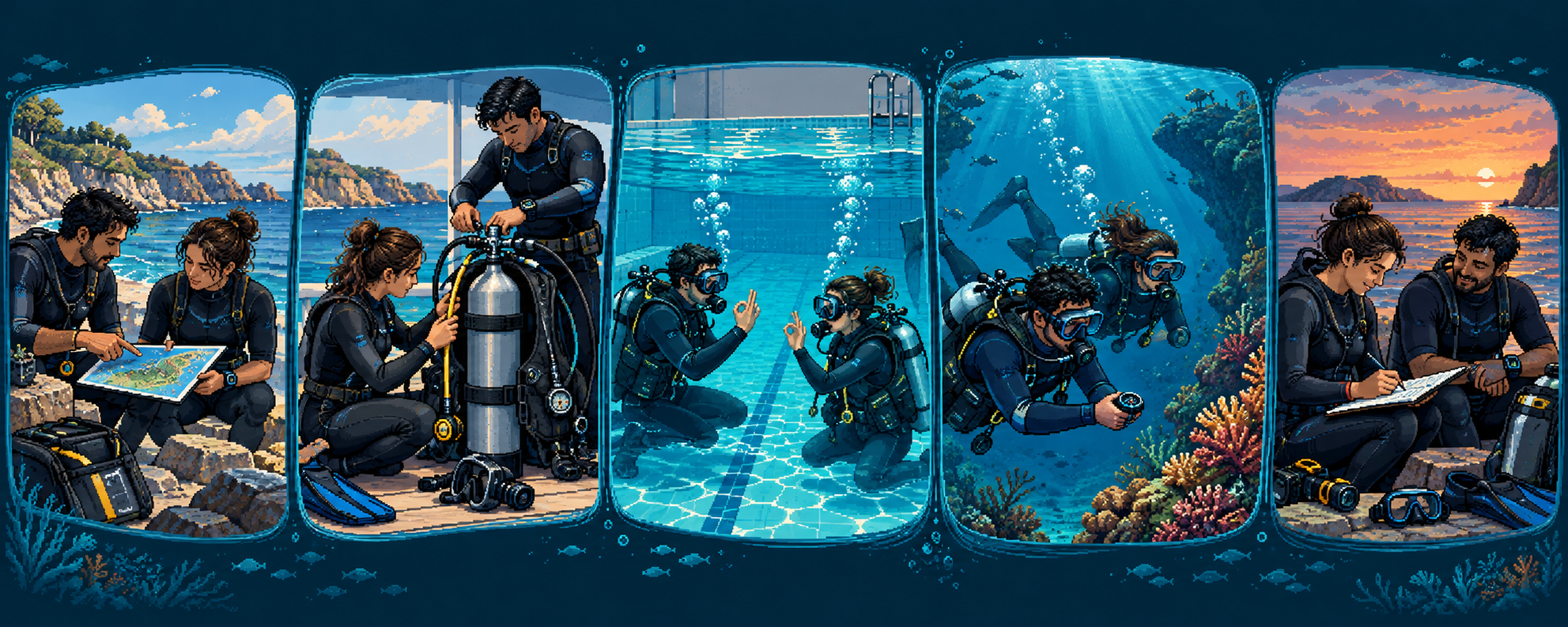 Secuencia visual de dos buceadores que acuerdan un plan, preparan el equipo, practican en piscina, bucean con brújula en aguas abiertas y registran la salida al final.